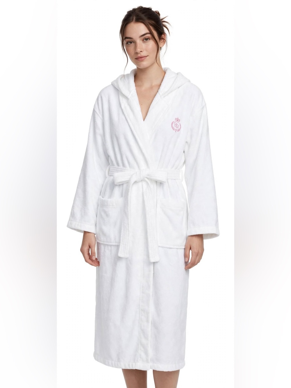 Women's White Hooded Terry Robe with Pink Crest Embroidery